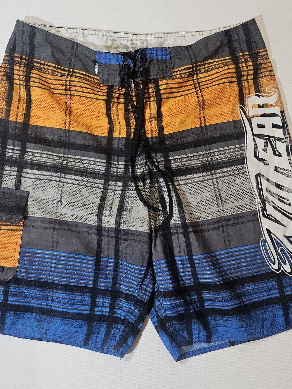 No‎ Fear Swim Trunks Mens Size 36 Blue Grey Gold Colorblock Beach Athleisure